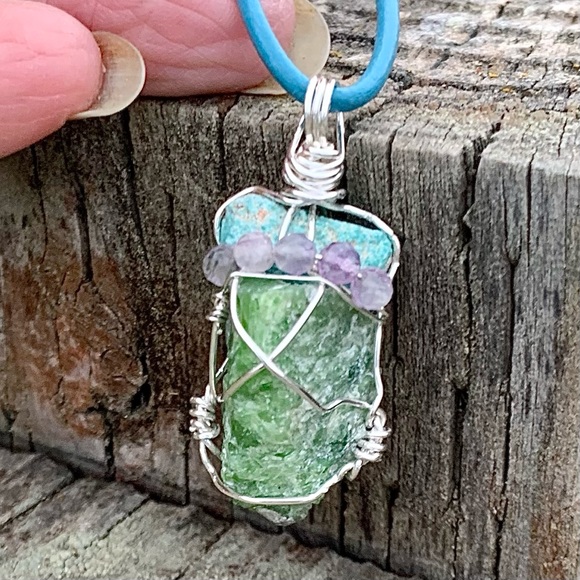 Turquoise, Chrome Tremolite & Fluorite Necklace - Picture 14 of 14
